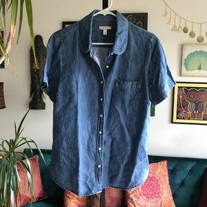 J CREW sz 10 Chambray Blue Denim Button Front Fitted Short Sleeve Top #75292